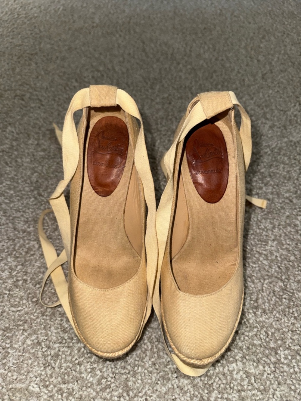Authentic Christian Louboutin Beige Espadrille Ballet Flats with Ankle Ties